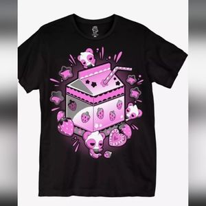Pink Panda Strawberry Milk Kawaii Graphic Black Tee Shirt Cosmic Boop Hot Topic